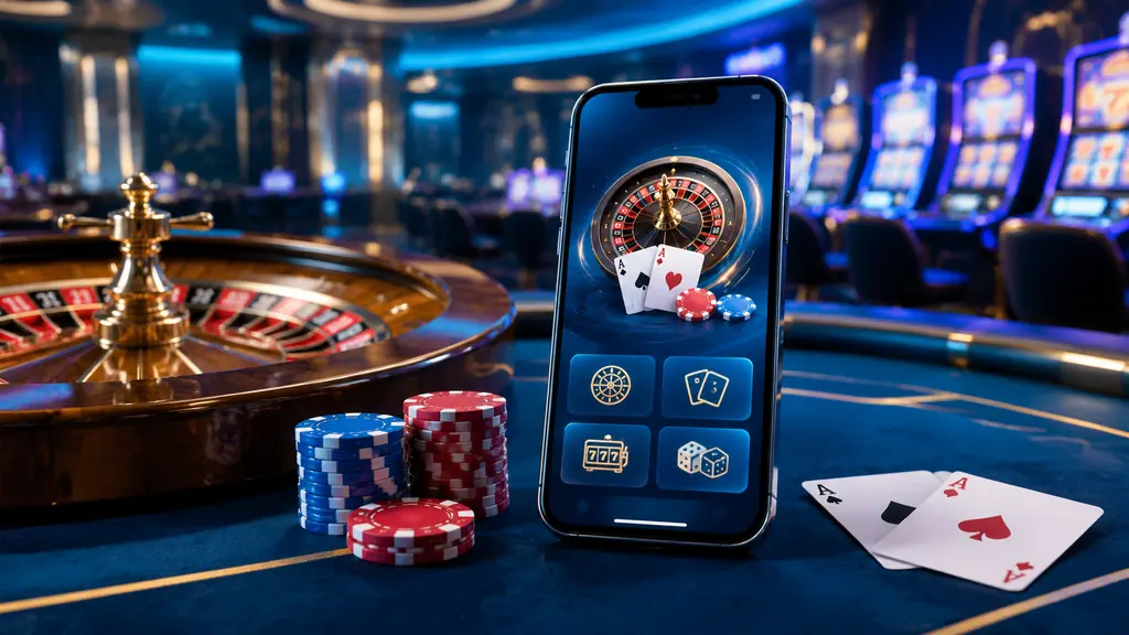 Ponsel menampilkan lobi kasino seluler di samping meja roulette dan chip