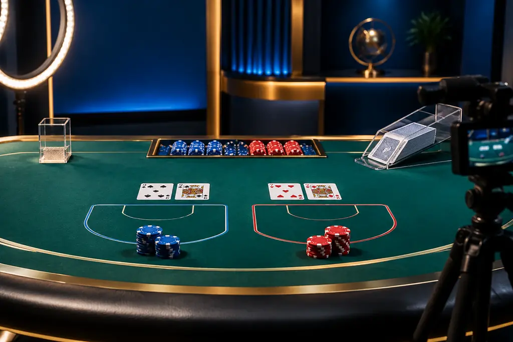 Meja baccarat live dengan kartu, sepatu kartu, dan chip di studio kasino