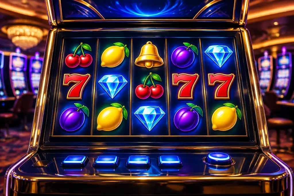 Slot dengan simbol buah dan permata di bawah cahaya biru laut