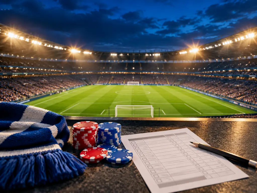 Stadion sepak bola malam dengan bola, slip taruhan, dan chip kasino di tribun