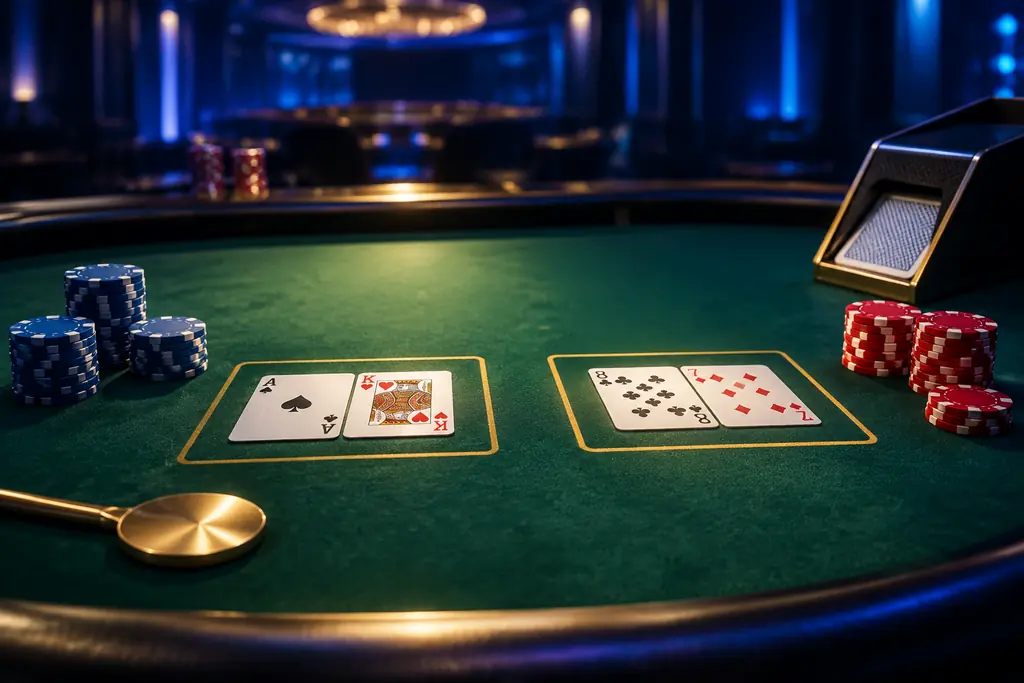 Meja baccarat dengan kartu menghadap atas, sepatu kartu, dan chip merah biru