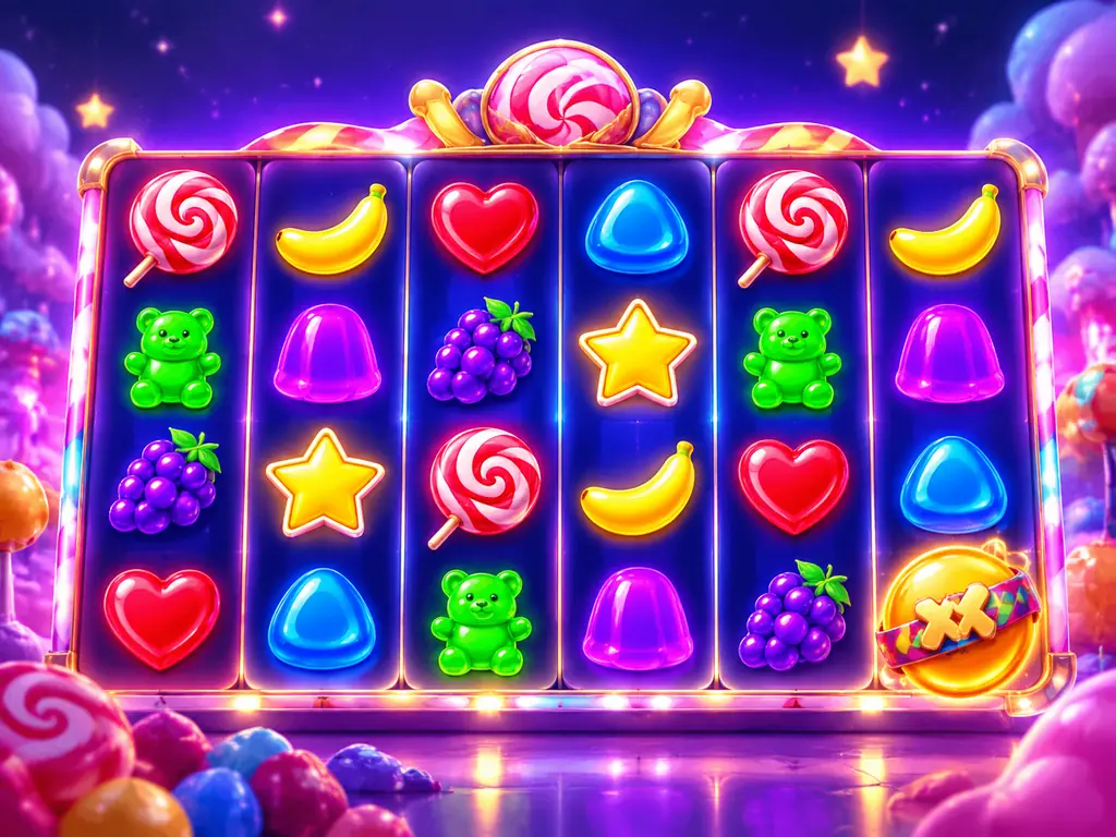 Gulungan slot bertema permen dengan simbol buah dan bintang di layar biru
