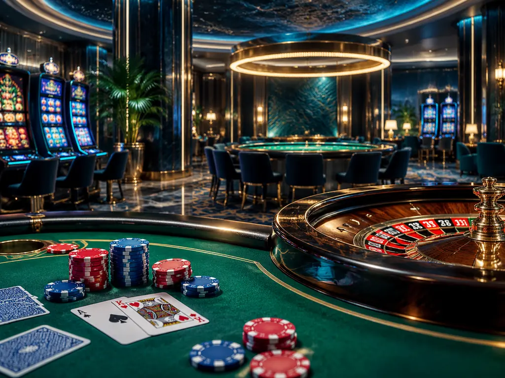 Lobi kasino malam dengan meja roulette, kartu, chip, dan kabinet slot bernuansa biru laut