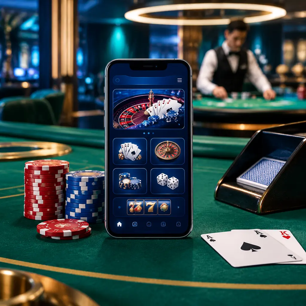 Ponsel di atas meja kasino dengan aplikasi dalam browser, di latar belakang meja live dealer