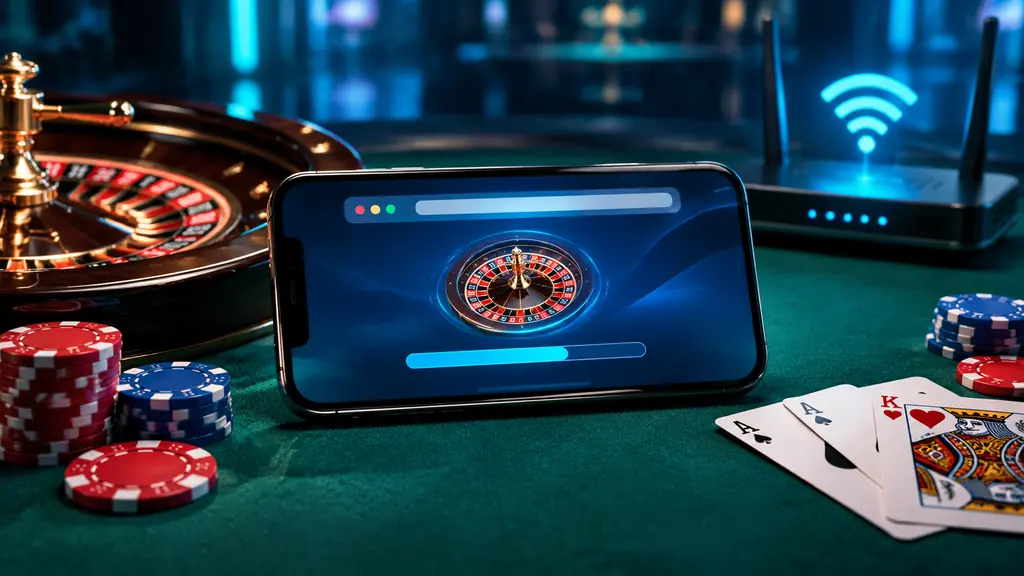 Ponsel dengan jendela browser dan meja roulette di latar belakang kasino