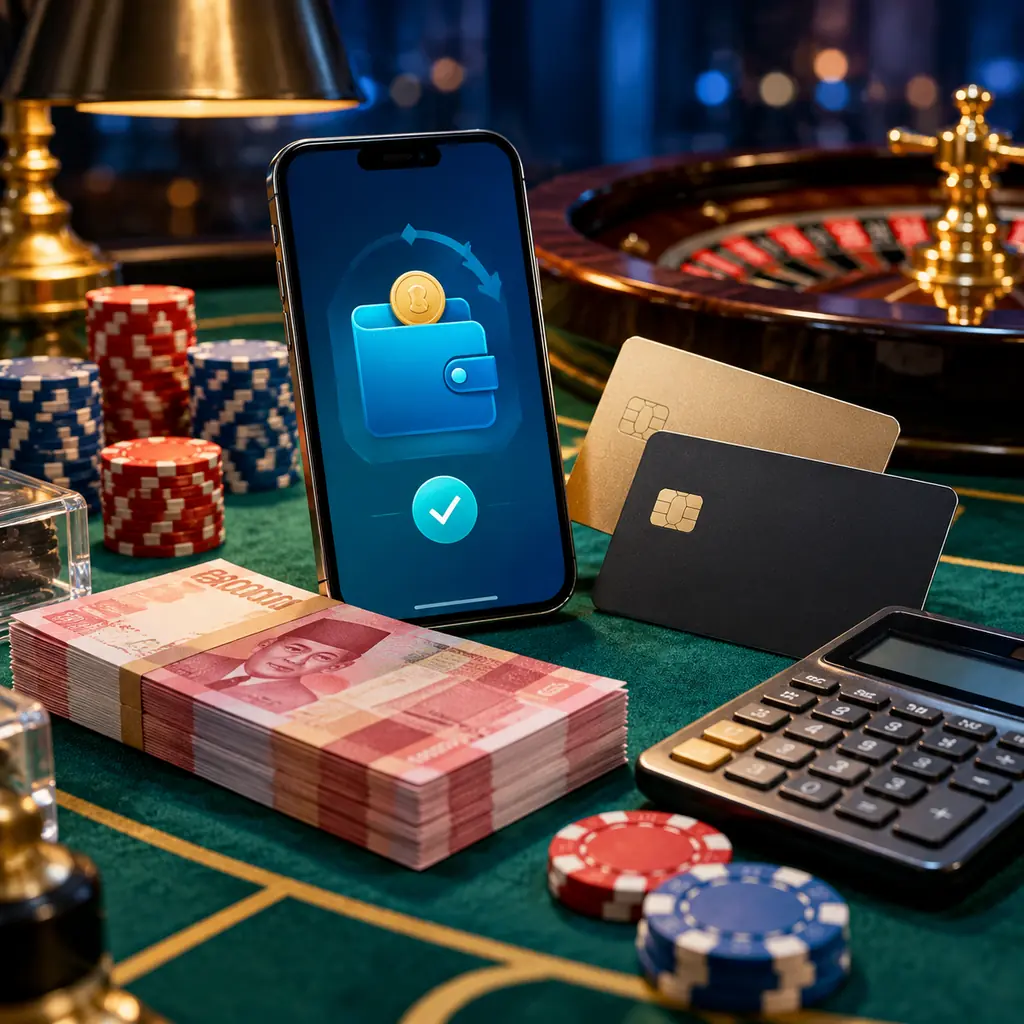 Ponsel dompet digital, kartu bank generik, dan chip kasino di meja hijau
