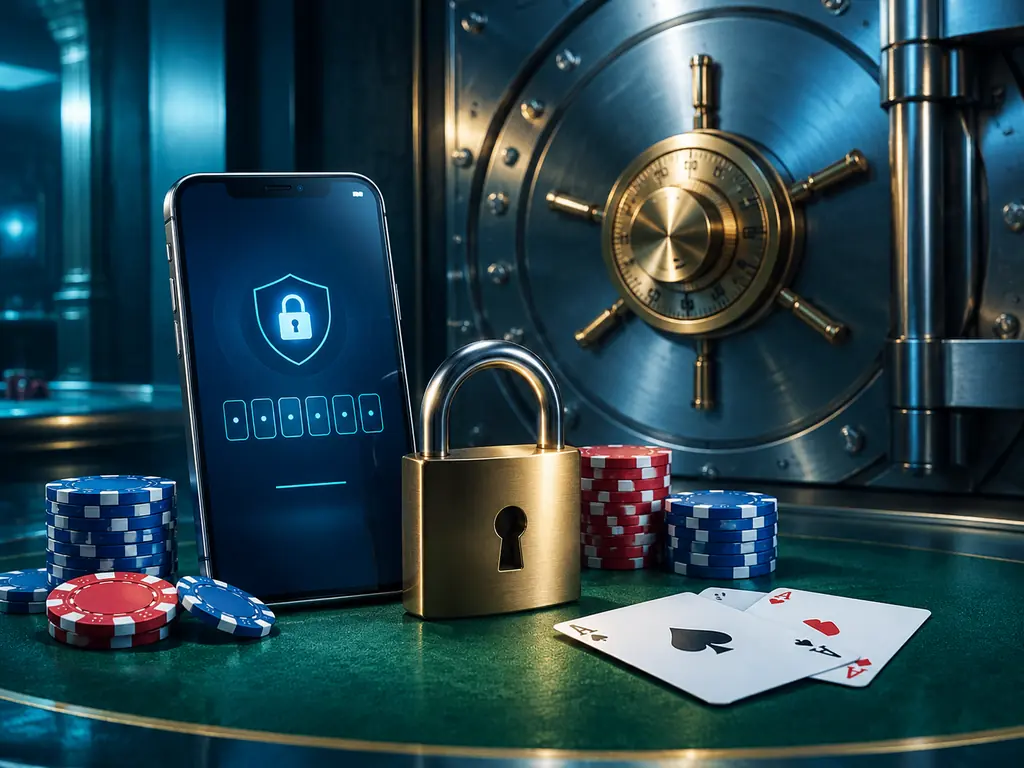 Pintu brankas dengan kunci dan ponsel verifikasi di samping chip kasino